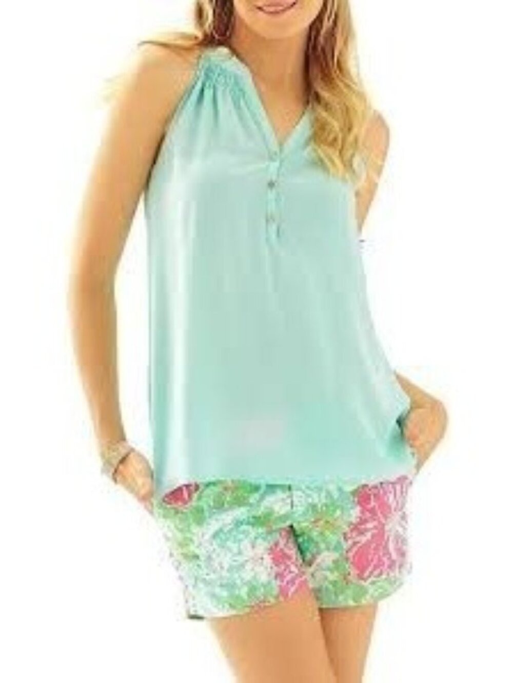 Lilly Pulitzer Bailey Silk Sleeveless Button Detail Turquoise Top XS